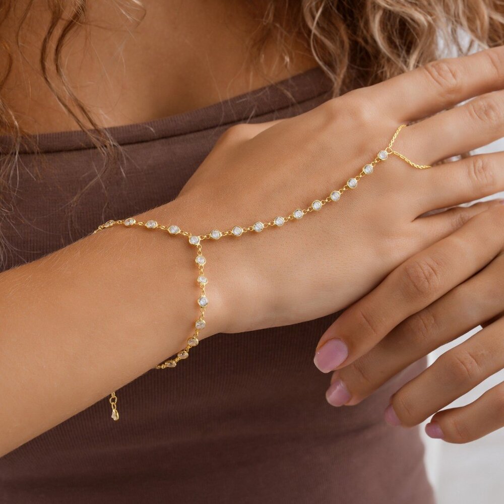 14K Gold Plated Minimalist Hand Chain Ring, Hand Chain Bracelet, 925K silver - Picture 1 of 4